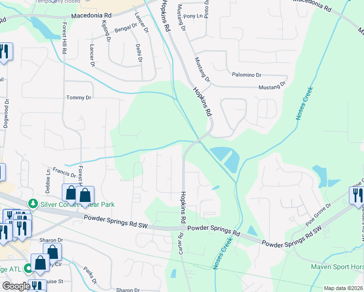 map of restaurants, bars, coffee shops, grocery stores, and more near 3650 Hopkins Road in Powder Springs