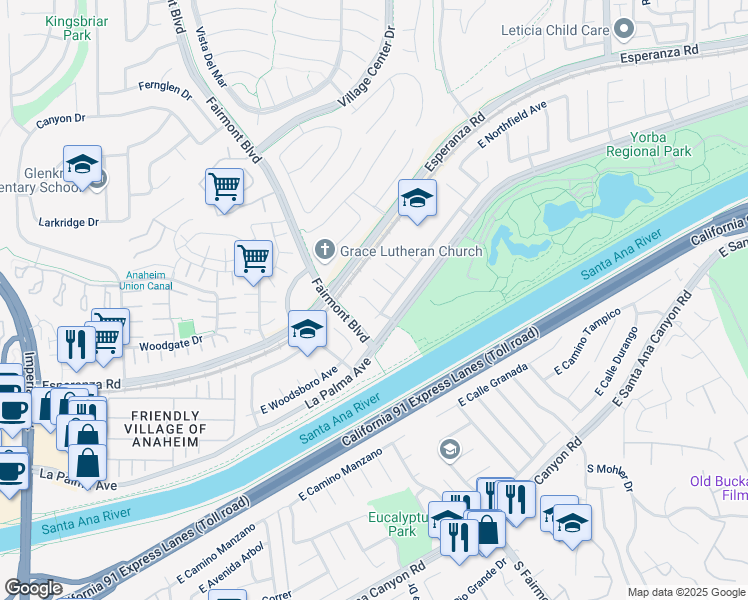 map of restaurants, bars, coffee shops, grocery stores, and more near 1236 North Huxford Lane in Anaheim