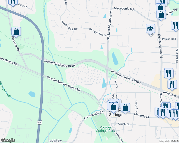 map of restaurants, bars, coffee shops, grocery stores, and more near 4530 Flowering Branch in Powder Springs