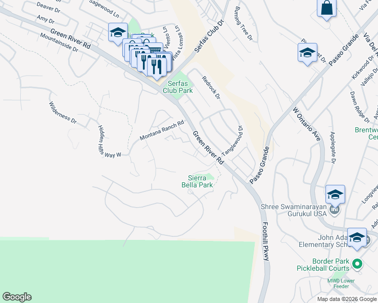 map of restaurants, bars, coffee shops, grocery stores, and more near 2350 Del Mar Way in Corona