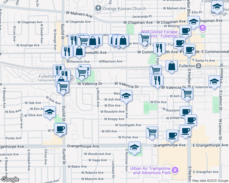 map of restaurants, bars, coffee shops, grocery stores, and more near 535 West Avenue in Fullerton