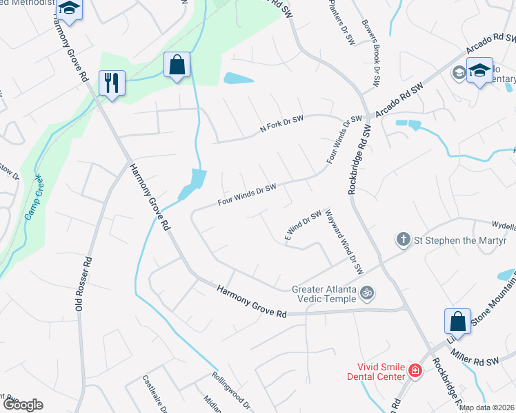 map of restaurants, bars, coffee shops, grocery stores, and more near 5533 North Wind Drive Southwest in Lilburn