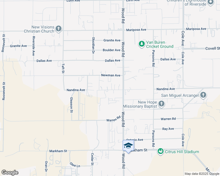 map of restaurants, bars, coffee shops, grocery stores, and more near 18920 Nandina Avenue in Riverside