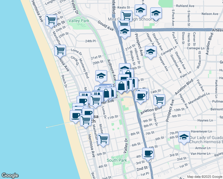 map of restaurants, bars, coffee shops, grocery stores, and more near 1529 Valley Drive in Hermosa Beach