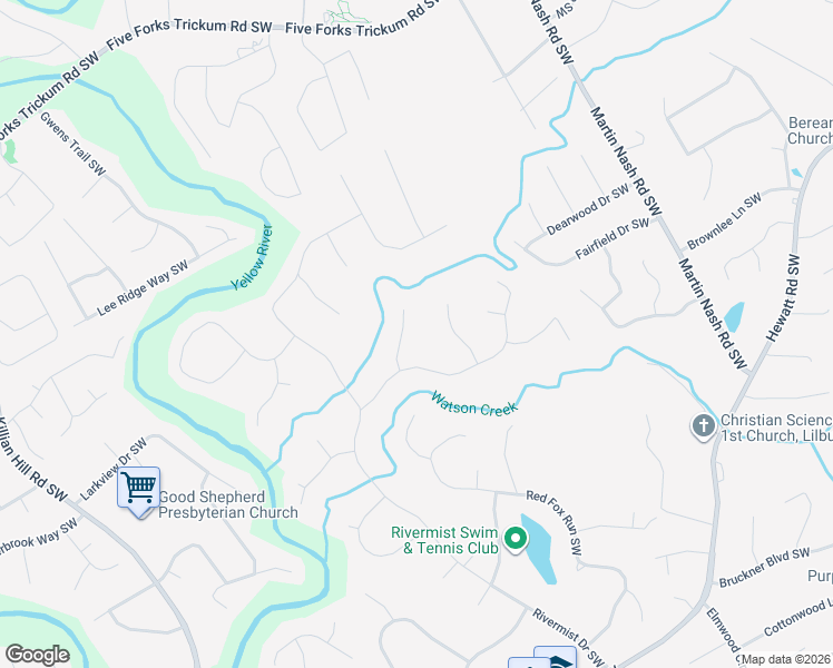 map of restaurants, bars, coffee shops, grocery stores, and more near 1372 Crooked Tree Court Southwest in Lilburn