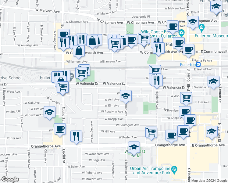 map of restaurants, bars, coffee shops, grocery stores, and more near 535 West Avenue in Fullerton