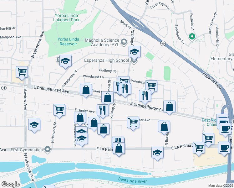 map of restaurants, bars, coffee shops, grocery stores, and more near 1712 North Tympani Circle in Anaheim