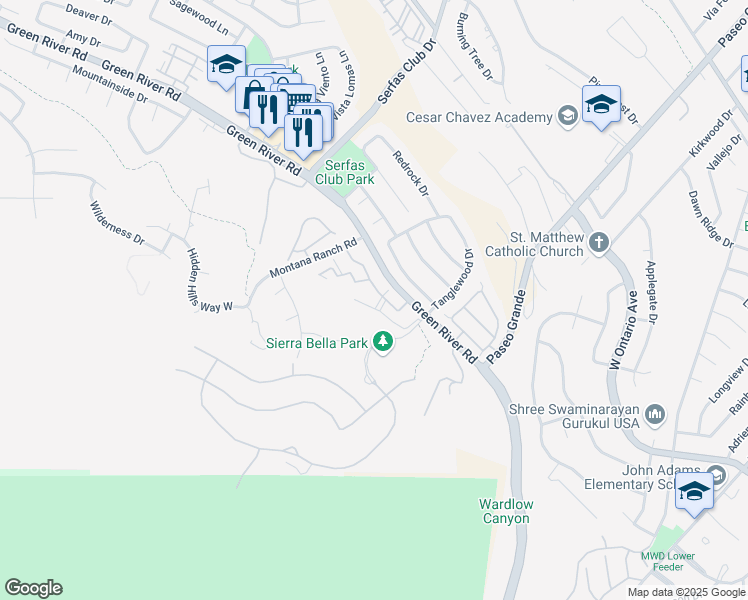 map of restaurants, bars, coffee shops, grocery stores, and more near 2350 Del Mar Way in Corona