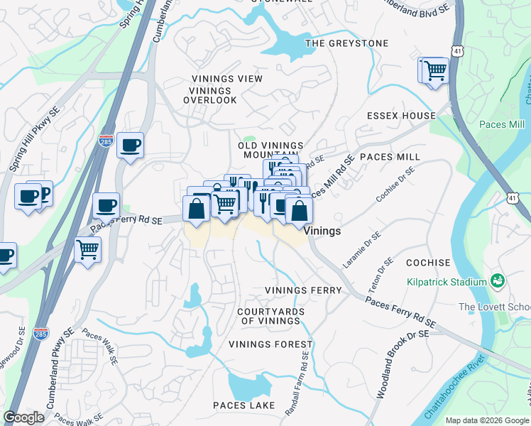 map of restaurants, bars, coffee shops, grocery stores, and more near 2900 Paces Ferry Road Southeast in Atlanta
