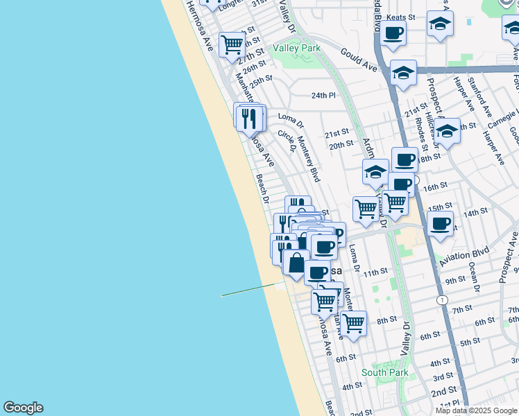map of restaurants, bars, coffee shops, grocery stores, and more near 1500-1598 The Strand in Hermosa Beach