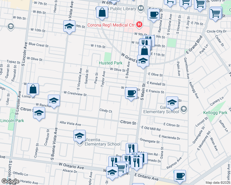 map of restaurants, bars, coffee shops, grocery stores, and more near 373 West Burr Street in Corona