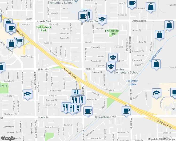 map of restaurants, bars, coffee shops, grocery stores, and more near 13425 Cascade Court in Cerritos
