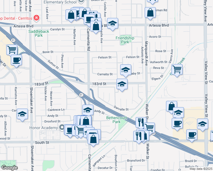 map of restaurants, bars, coffee shops, grocery stores, and more near 13515 La Jara Street in Cerritos