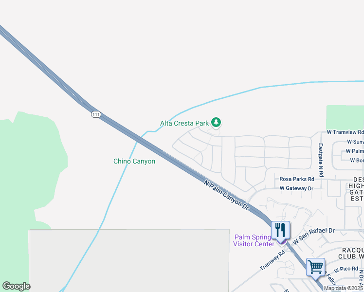 map of restaurants, bars, coffee shops, grocery stores, and more near 1255 Palmas Ridge in Palm Springs