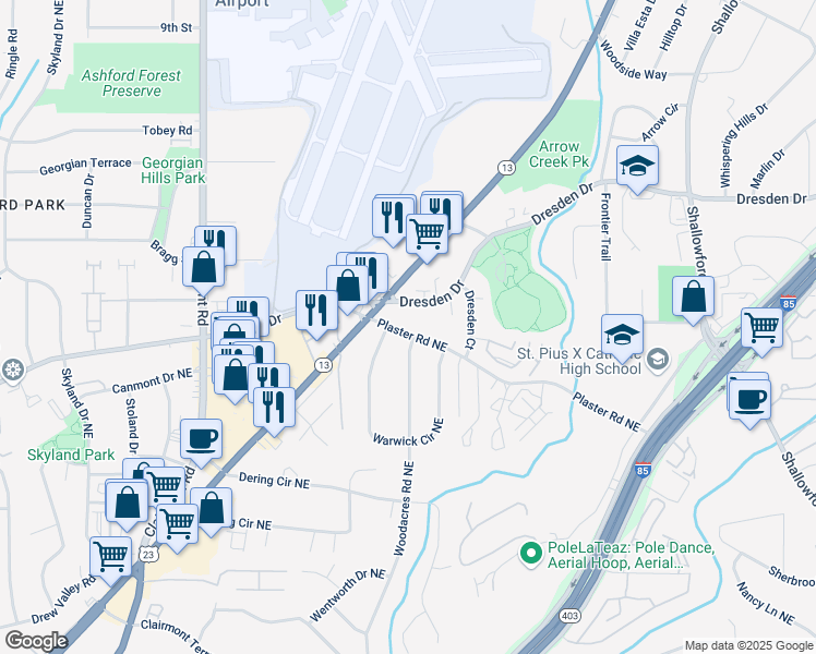 map of restaurants, bars, coffee shops, grocery stores, and more near 2128 Plaster Road Northeast in Atlanta