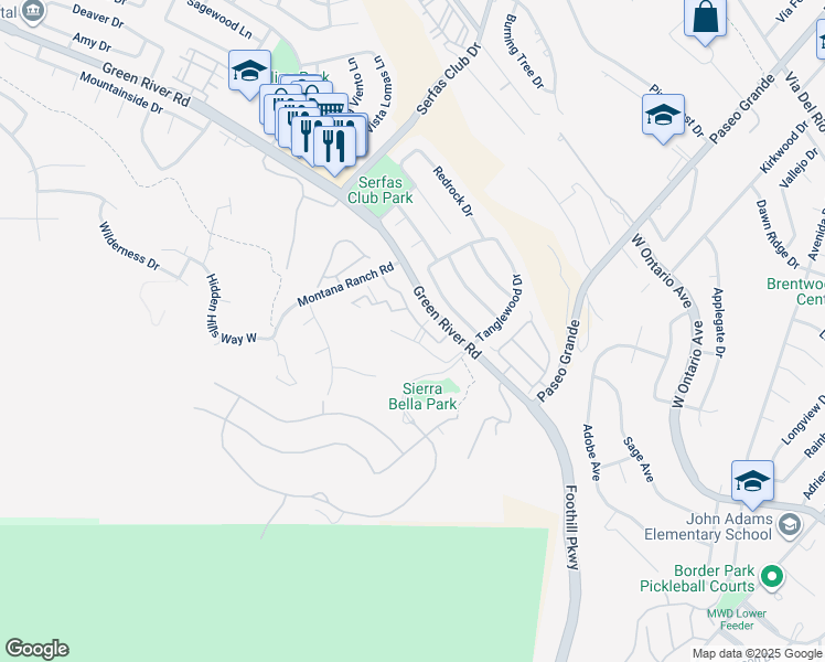 map of restaurants, bars, coffee shops, grocery stores, and more near 2350 Del Mar Way in Corona
