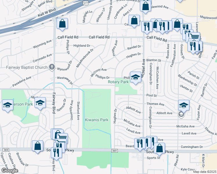 map of restaurants, bars, coffee shops, grocery stores, and more near 4407 Westward Drive in Wichita Falls