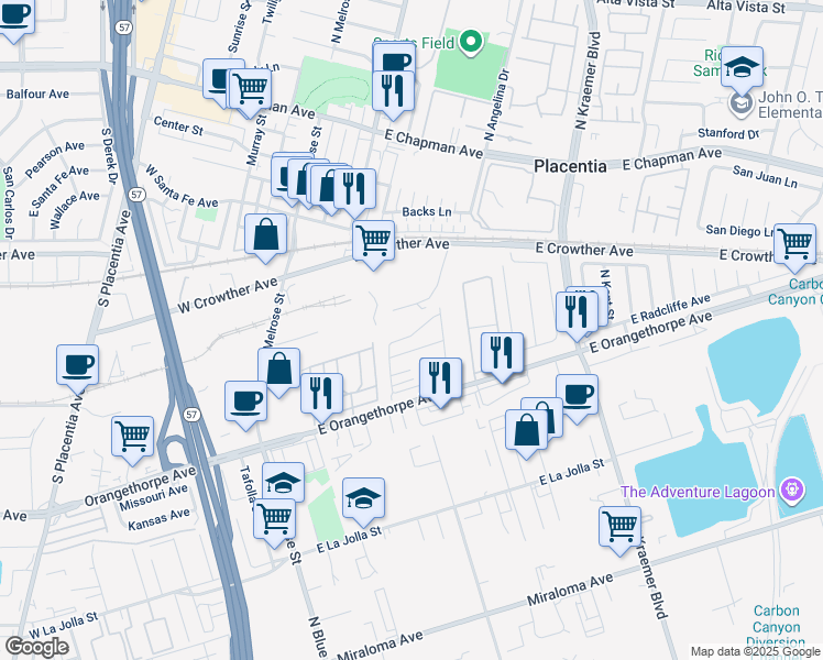 map of restaurants, bars, coffee shops, grocery stores, and more near 305 Ridgelake Drive in Placentia