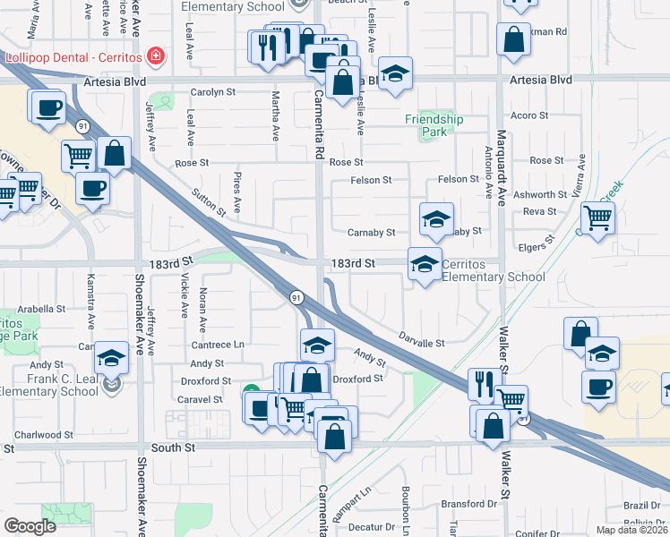 map of restaurants, bars, coffee shops, grocery stores, and more near 13429 Cascade Court in Cerritos