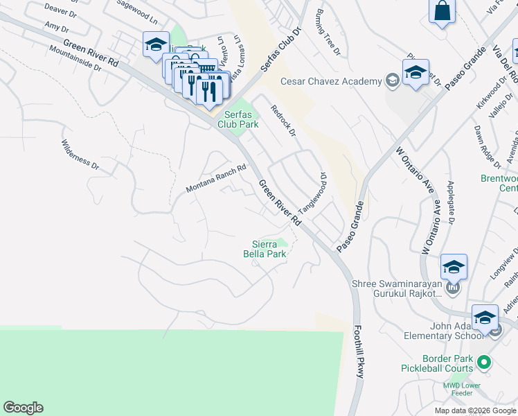 map of restaurants, bars, coffee shops, grocery stores, and more near 2350 Del Mar Way in Corona