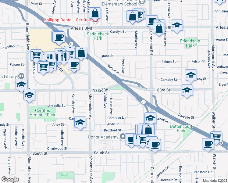 map of restaurants, bars, coffee shops, grocery stores, and more near 13141 La Jara Street in Cerritos