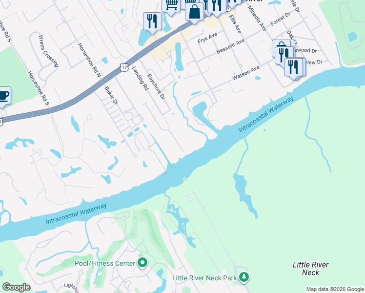 map of restaurants, bars, coffee shops, grocery stores, and more near 4537 Landing Road in Little River