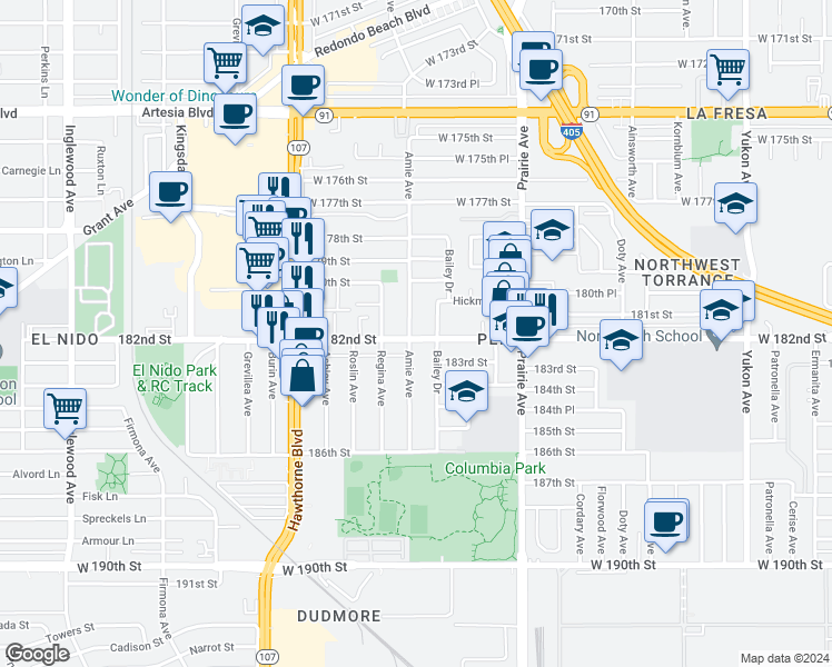 map of restaurants, bars, coffee shops, grocery stores, and more near 4167 West 182nd Street in Torrance