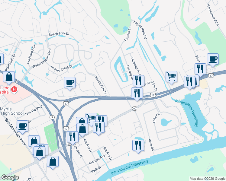 map of restaurants, bars, coffee shops, grocery stores, and more near 491 U.S. 17 in Little River