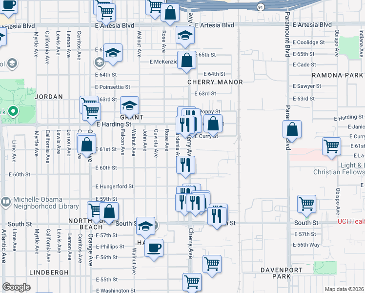 map of restaurants, bars, coffee shops, grocery stores, and more near 1917 East 61st Street in Long Beach