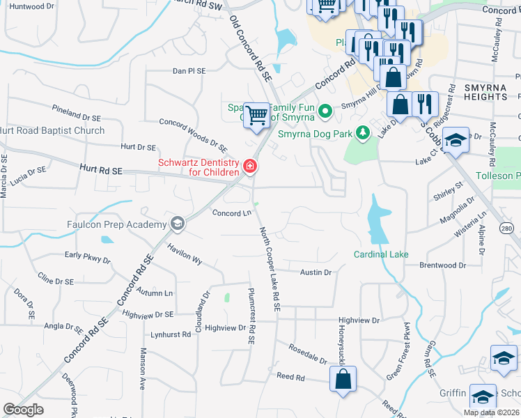 map of restaurants, bars, coffee shops, grocery stores, and more near 3625 North Cooper Lake Road Southeast in Smyrna