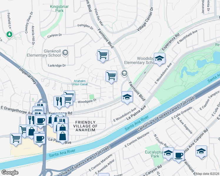 map of restaurants, bars, coffee shops, grocery stores, and more near 20221 Poplar Bluff Court in Yorba Linda