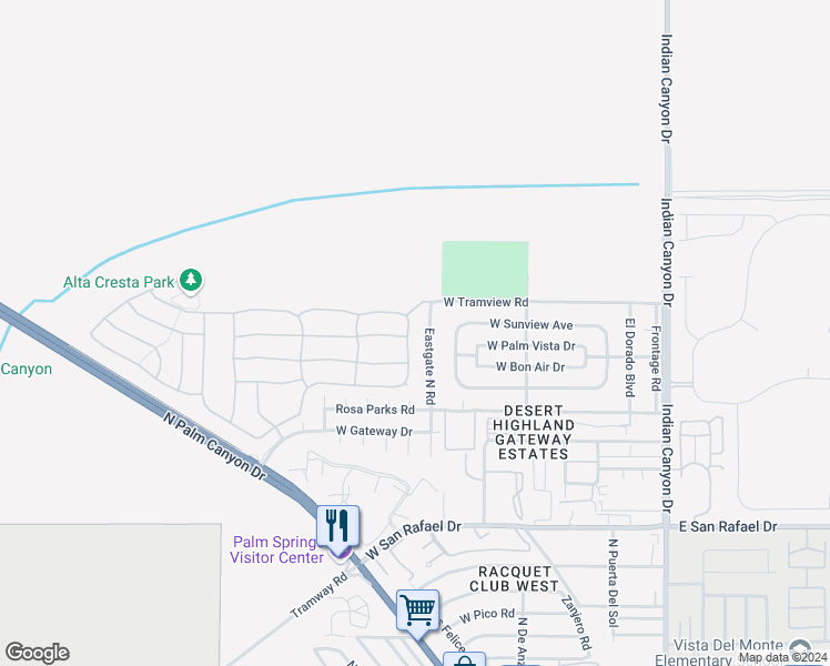 map of restaurants, bars, coffee shops, grocery stores, and more near 3968 Mission Peak in Palm Springs