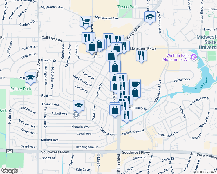 map of restaurants, bars, coffee shops, grocery stores, and more near 2814 Preece Road in Wichita Falls