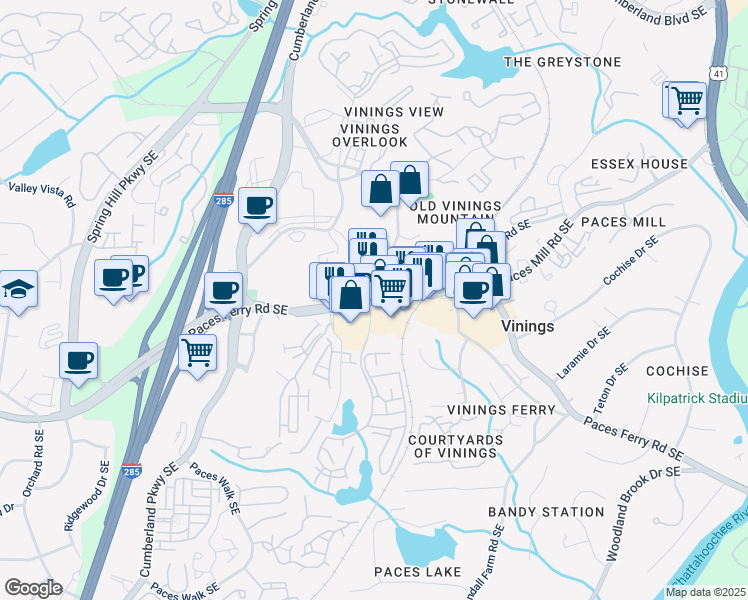 map of restaurants, bars, coffee shops, grocery stores, and more near 2849 Paces Ferry Road Southeast in Atlanta
