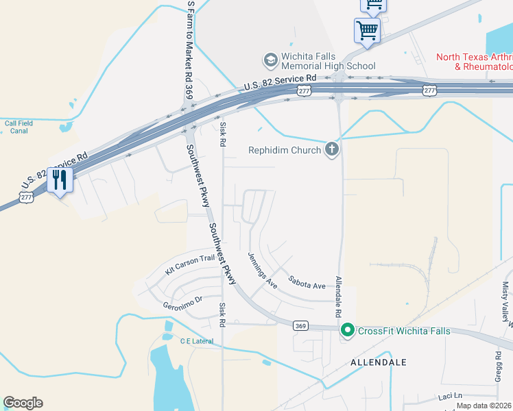 map of restaurants, bars, coffee shops, grocery stores, and more near 4507 Jennings Avenue in Wichita Falls