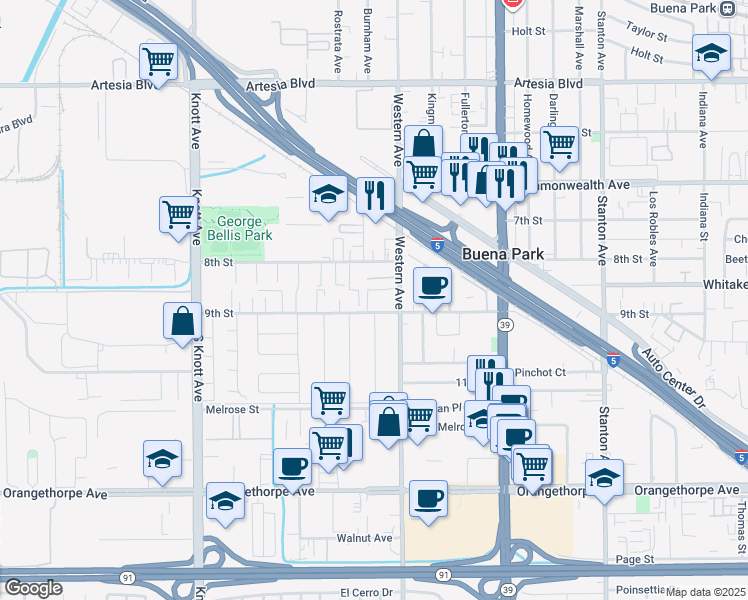 map of restaurants, bars, coffee shops, grocery stores, and more near 7425 9th Street in Buena Park