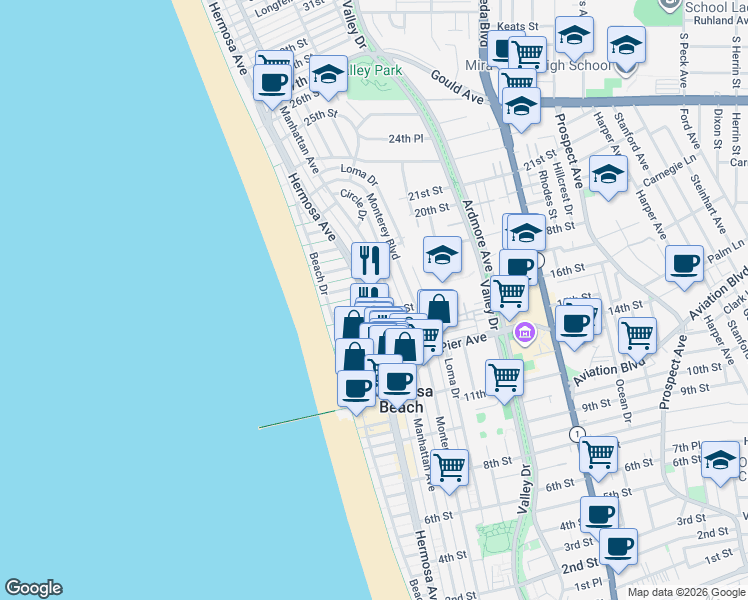 map of restaurants, bars, coffee shops, grocery stores, and more near 1636 Hermosa Avenue in Hermosa Beach