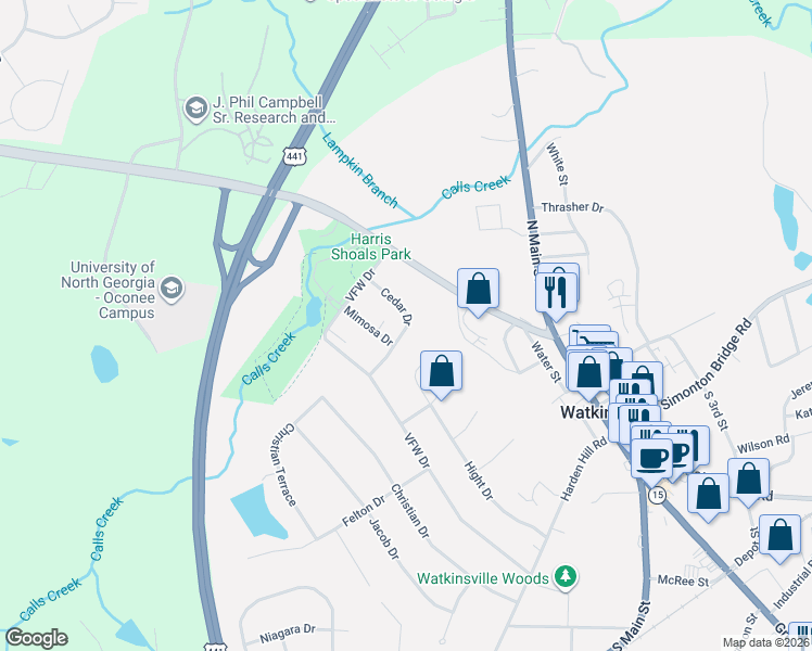 map of restaurants, bars, coffee shops, grocery stores, and more near 78 Cedar Drive in Watkinsville