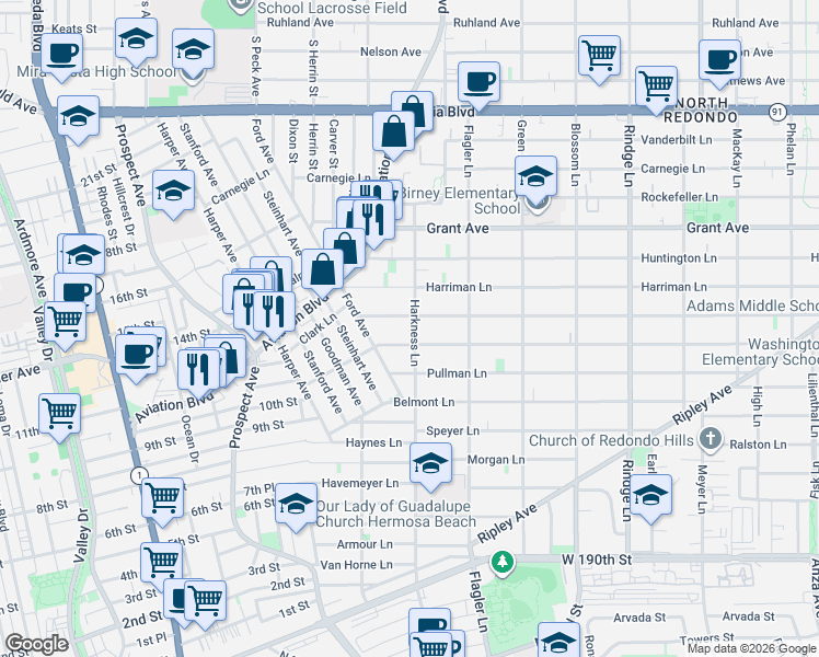 map of restaurants, bars, coffee shops, grocery stores, and more near 1717 Marshallfield Lane in Redondo Beach