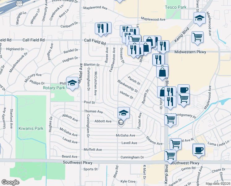 map of restaurants, bars, coffee shops, grocery stores, and more near 4329 Rhea Road in Wichita Falls