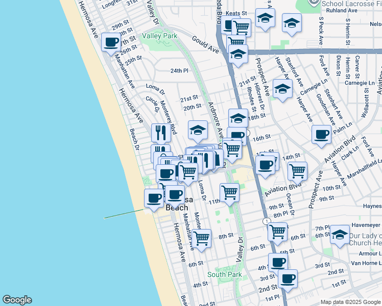 map of restaurants, bars, coffee shops, grocery stores, and more near 1645 Valley Drive in Hermosa Beach