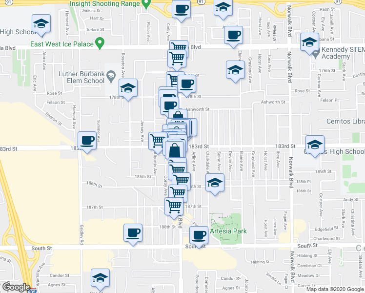 map of restaurants, bars, coffee shops, grocery stores, and more near 183rd Street in Artesia