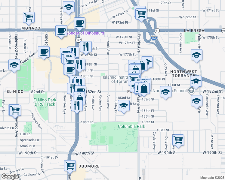 map of restaurants, bars, coffee shops, grocery stores, and more near 4122 West 182nd Street in Torrance