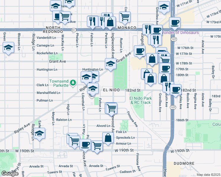 map of restaurants, bars, coffee shops, grocery stores, and more near 2617 182nd Street in Redondo Beach