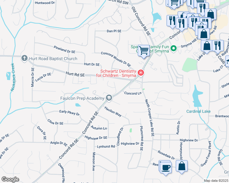 map of restaurants, bars, coffee shops, grocery stores, and more near 1096 Berkley Drive Southeast in Smyrna