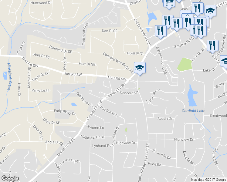 map of restaurants, bars, coffee shops, grocery stores, and more near 1099 Berkley Drive Southeast in Smyrna