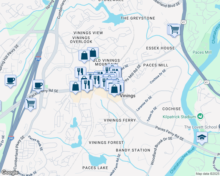 map of restaurants, bars, coffee shops, grocery stores, and more near 4300 Paces Ferry Road Southeast in Atlanta