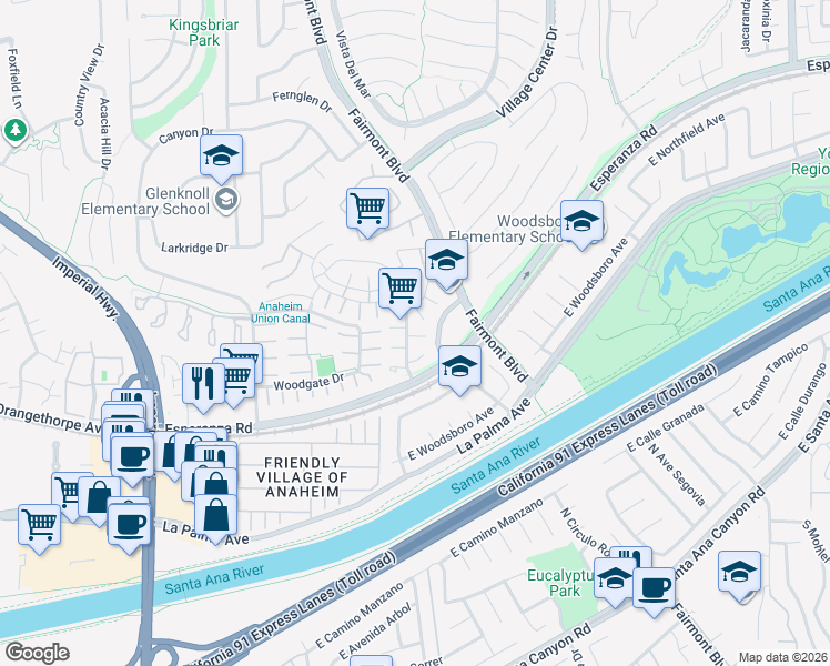 map of restaurants, bars, coffee shops, grocery stores, and more near 20333 Cranberry Lane in Yorba Linda