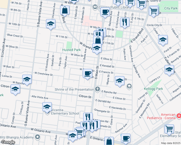 map of restaurants, bars, coffee shops, grocery stores, and more near 124 West Francis Street in Corona