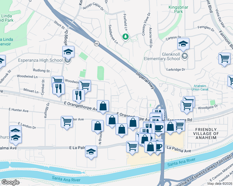 map of restaurants, bars, coffee shops, grocery stores, and more near 5427 Pine Ridge Way in Anaheim